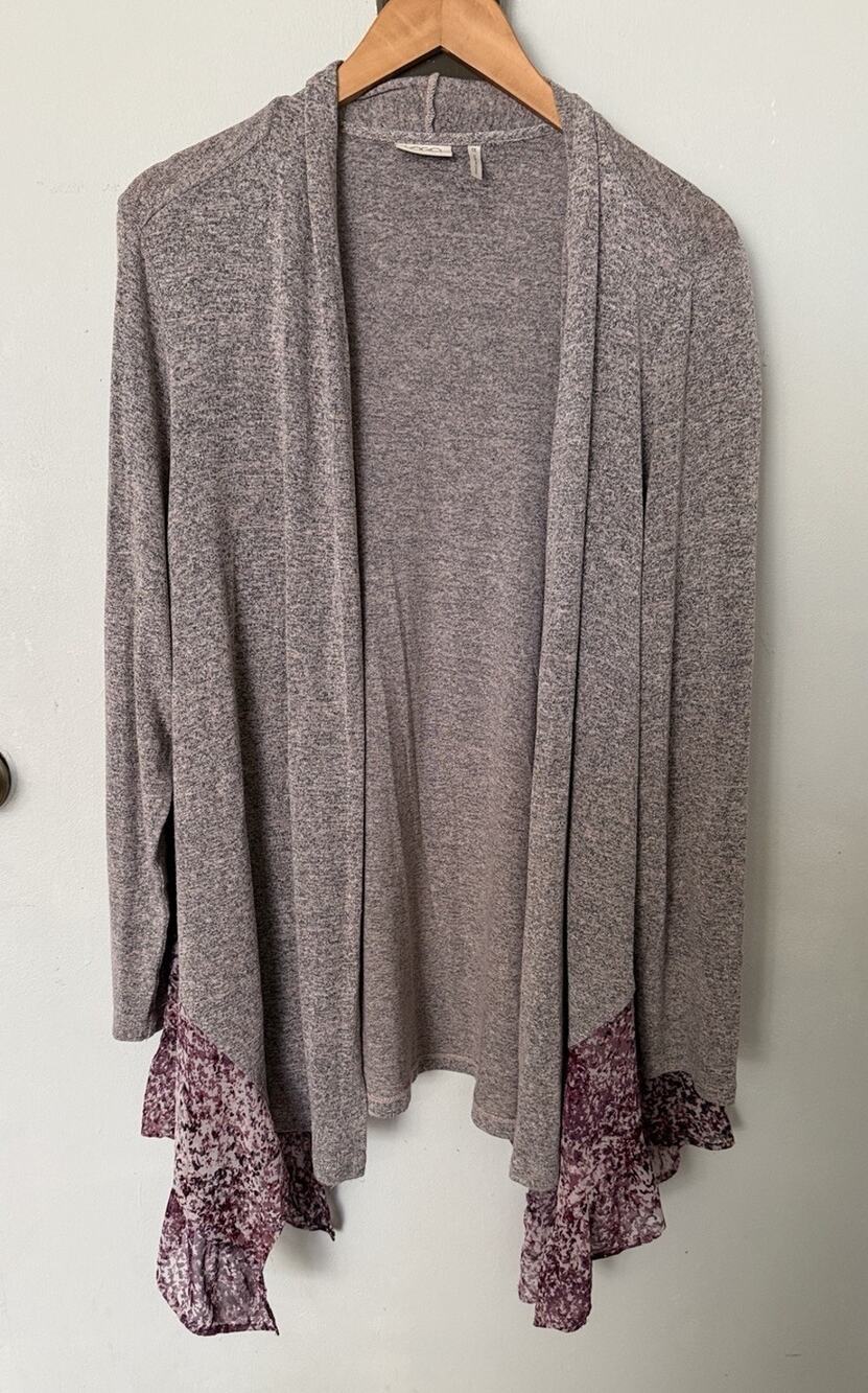 LOGO Lori Goldstein Cardigan 1X Grey Mixed Print Floral Ruffle Open Front